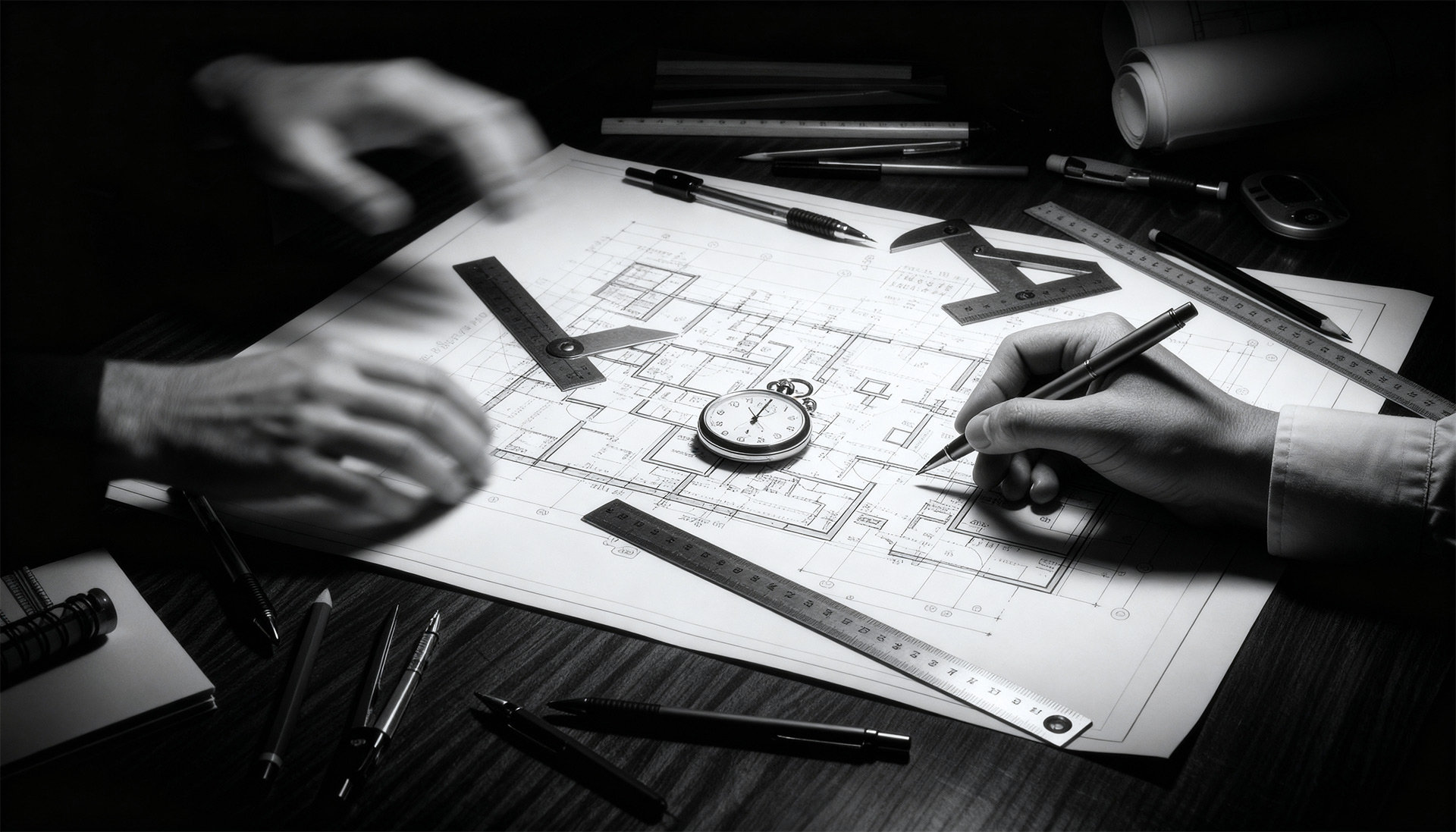 A cinematic black and white image of two architects' hands working with speed (motion blur) and precision (a steady pen) on a blueprint against a ticking stopwatch, symbolizing the engineering of a high-stakes investor narrative under extreme pressure and showcasing Presentation Studio's collaborative, 'Strategy Before Style' methodology.