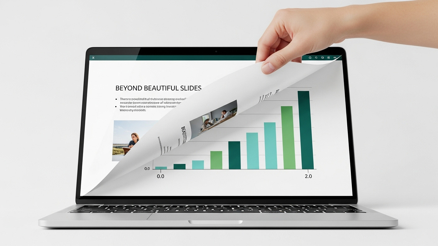 A hand peels back a presentation slide on a laptop screen to reveal a data chart underneath, illustrating the concept of finding strategic impact beyond beautiful slides.