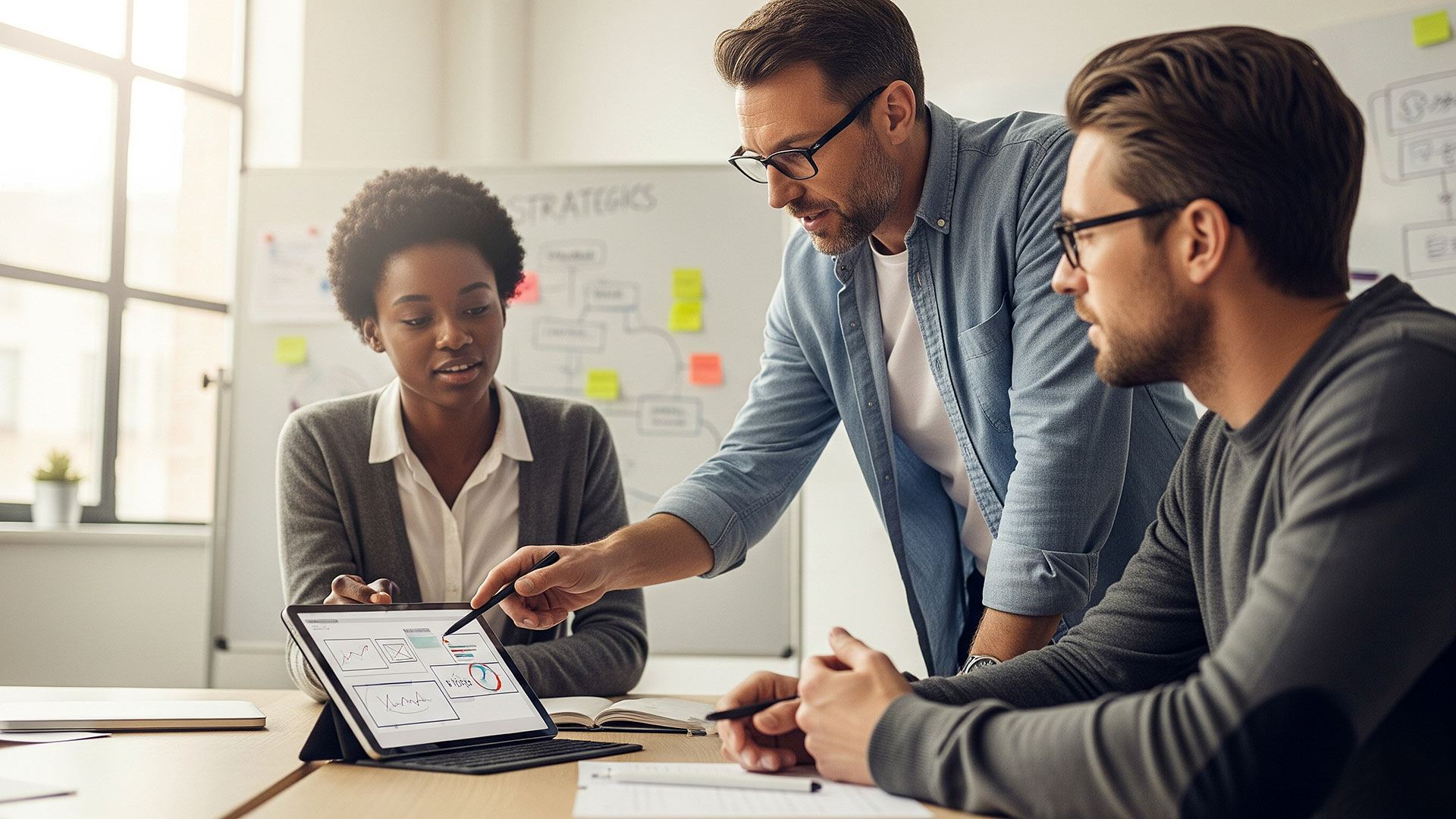 A client-centric design partnership in action: three professionals collaborating closely around a tablet to review the strategic framework of a presentation.