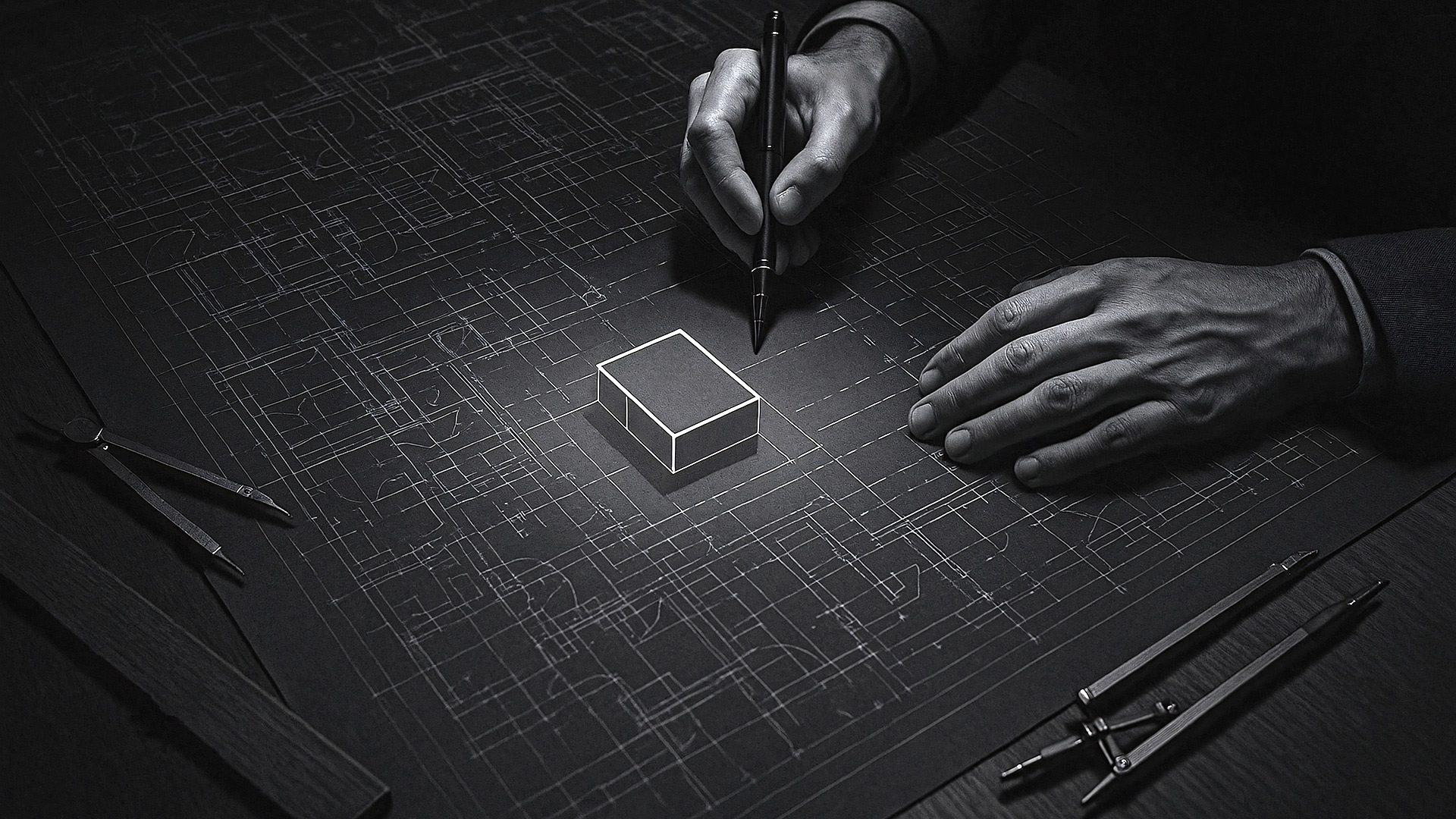 A cinematic black and white image of an architect's hands engineering a simple, clear structure on a complex blueprint, symbolizing the 'Architecture of Attention' and Presentation Studio's 'Strategy Before Style' methodology.