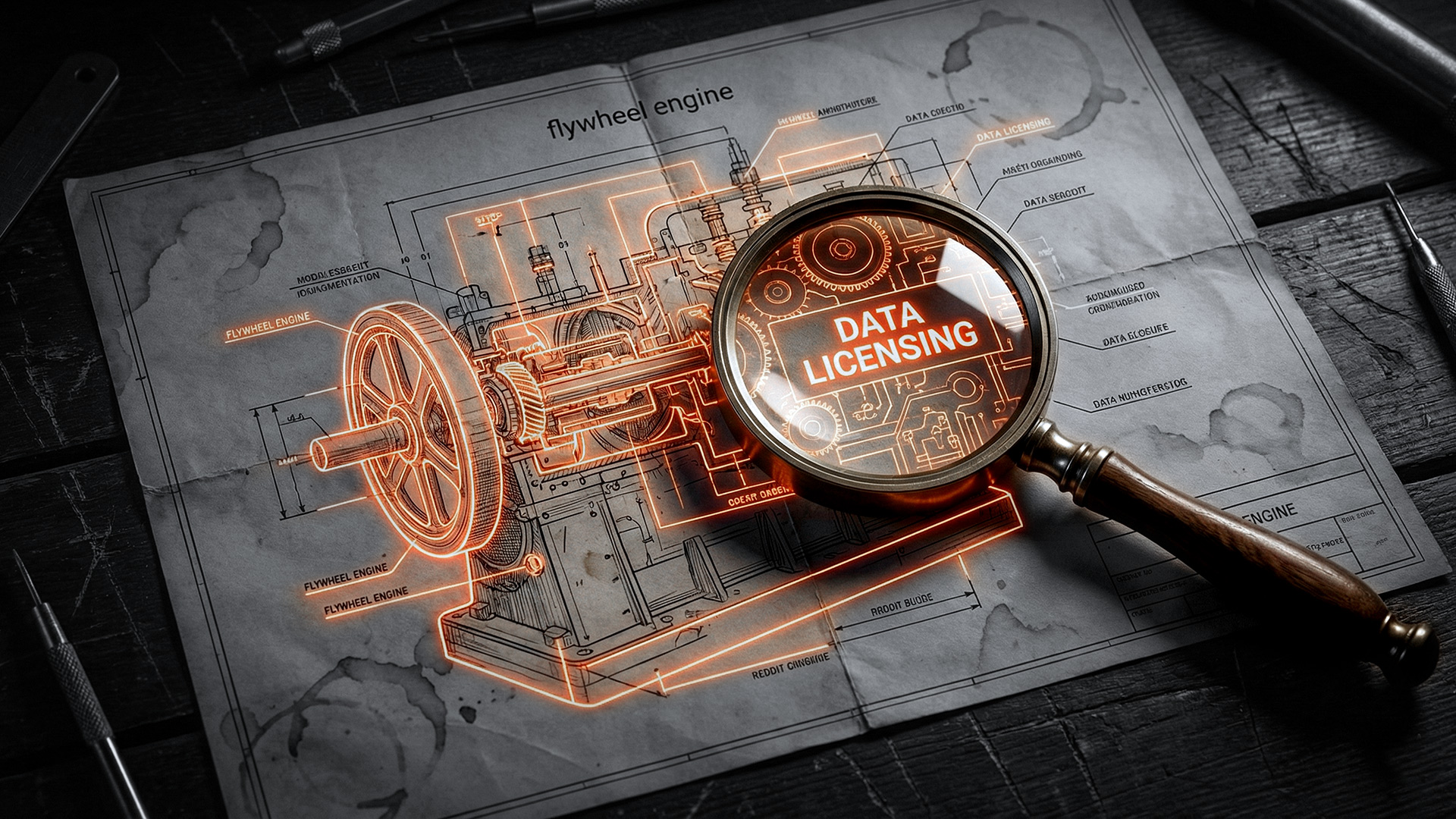 A dark, high-contrast technical blueprint featuring glowing orange schematic lines. A magnifying glass rests on the paper, focusing on the text 'DATA LICENSING' at the center of a complex mechanism labeled 'flywheel engine.'