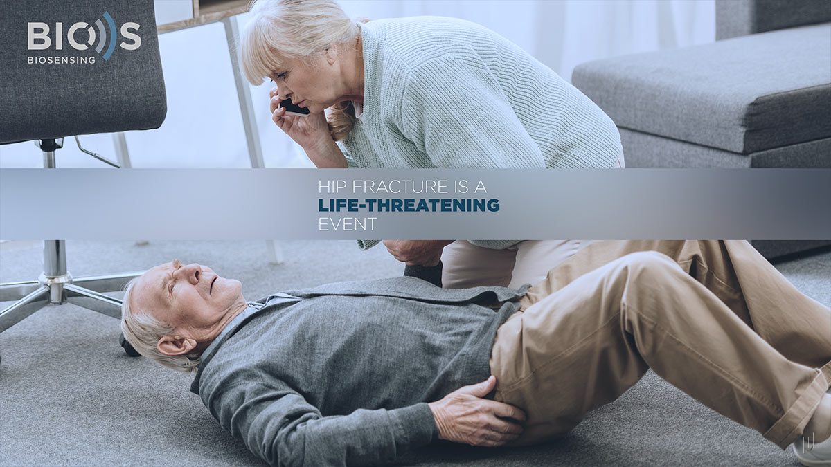 BIOS Biosensing Investor Presentation – Slide highlighting the severity of hip fractures and the need for innovative healthcare solutions.