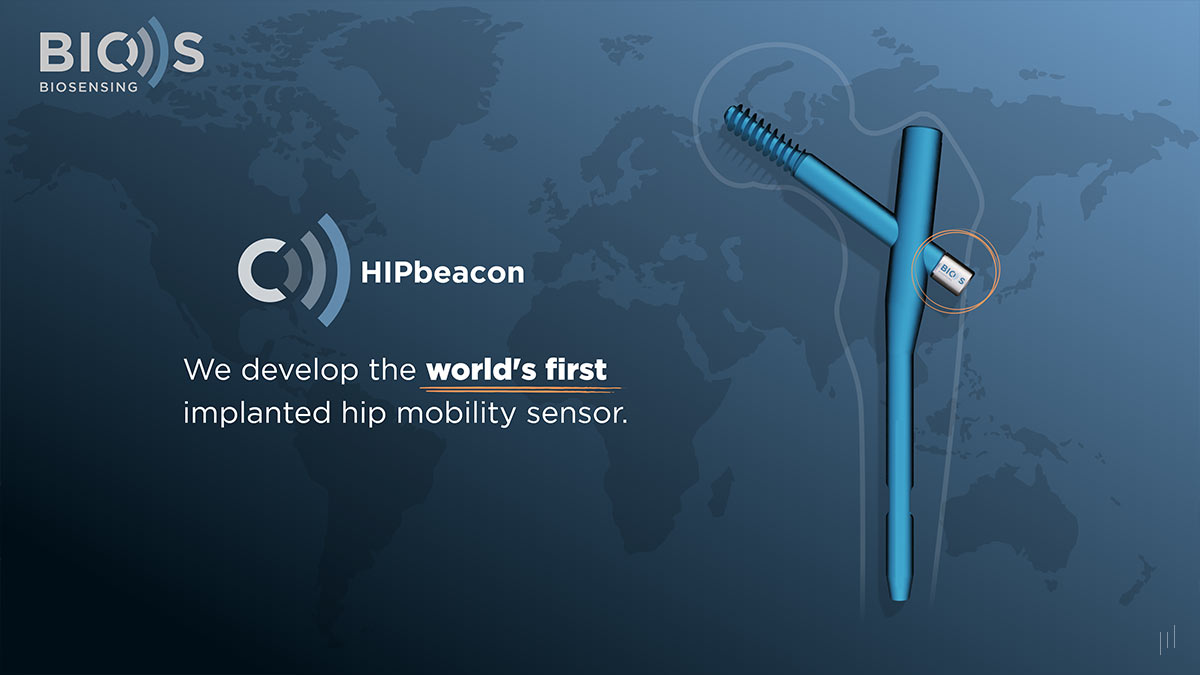 BIOS Biosensing Investor Presentation – Slide introducing HipBeacon, the first implanted sensor for real-time hip mobility tracking.