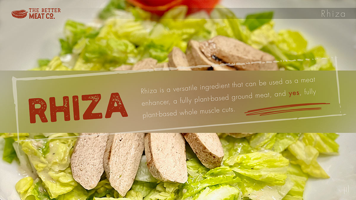 The Better Meat Co. – Slide presenting a vibrant visual of Rhiza mycoprotein alongside a detailed description of its nutritional advantages.