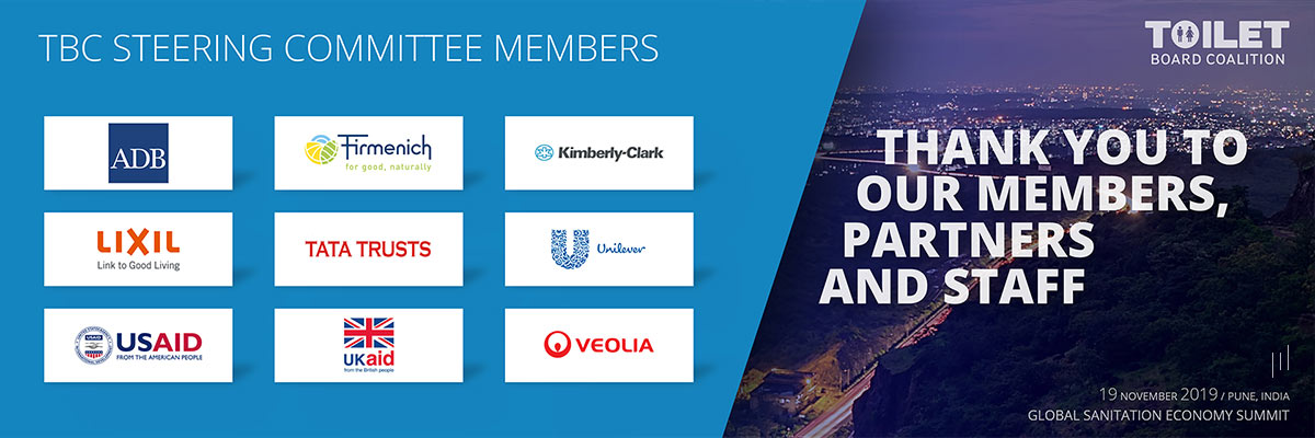 Global Sanitation Economy Summit 2019 – Slide introducing the Toilet Board Coalition’s steering committee members and their contributions.