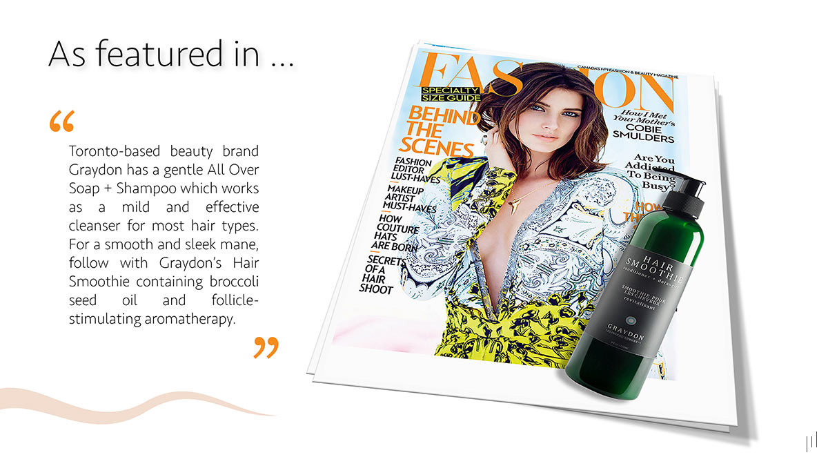 Graydon Skincare Sales Presentation – Slide emphasizing the brand’s presence in FASHION magazine.