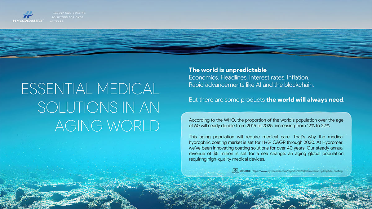 Hydromer Investor Pitch Deck – Slide emphasizing the importance of medical coatings and polymer innovations in healthcare.