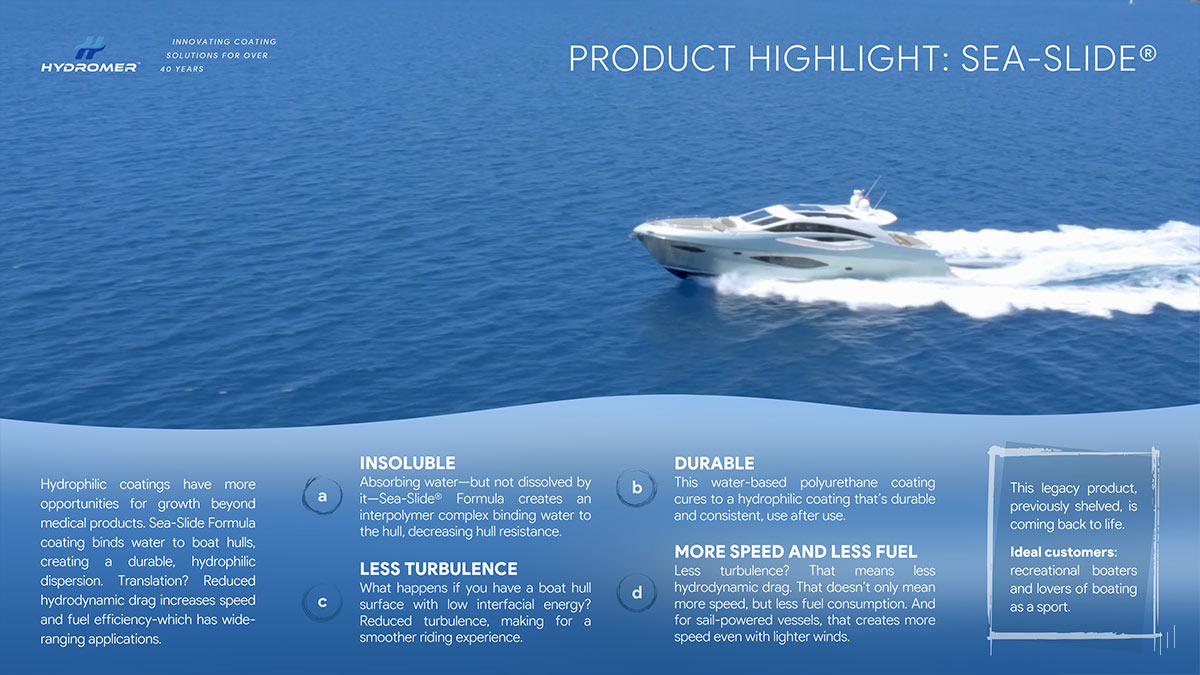 Hydromer Investor Pitch Deck – Slide featuring Sea-Slide, a cutting-edge hydrophilic polymer solution.