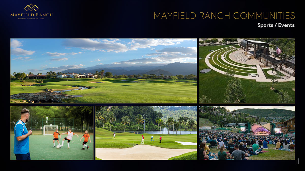 Mayfield Ranch Investor Pitch Deck – Slide emphasizing recreational and event opportunities within the development.